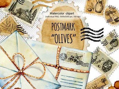 Postage stamps with olives and farm. Watercolor illustration акварель винтаж конверт марки оливки переписка письмо почта прованс рисунок старый урожай ферма штамп