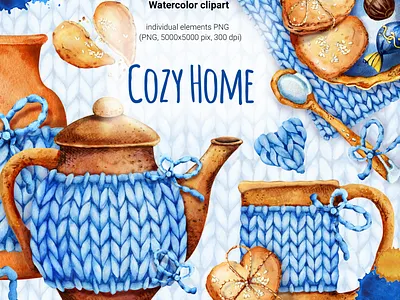 Home comfort. Knitted clothes, cozy tea party. Watercolor illustration акварель вязание дом еда завтрак клипарт комфорт кружка крючок напиток петли печенье рисунок рукоделие узор уют хобби чай чайник