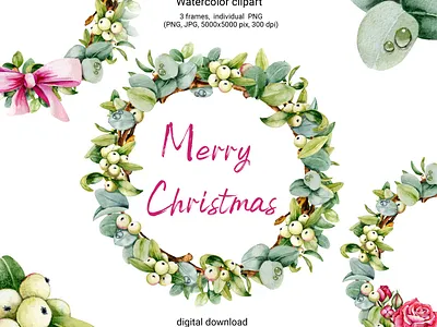 Wreath with eucalyptus leaves and mistletoe berries. design illustration акварель бант венок клипарт круглый листья новый год омела открытка праздник рождество цветы эвкалипт ягоды