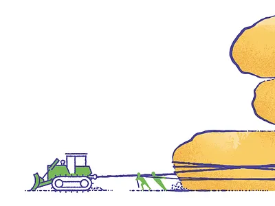 Caution bulldozer illustration people pulling rocks