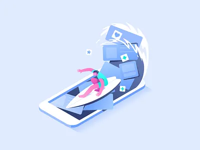 Surf illustration interface illustration people phone sea sun surf surfing vector wave