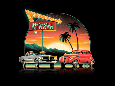 In-N-Out Burger 2021 Official T-Shirt burger clouds dan kuhlken dkng dkng studios gto illustration in n out nathan goldman neon neon sign palm tree palm trees plymouth gto pontiac shirt stars sunset t shirt vector