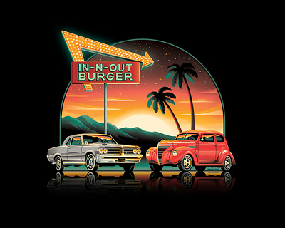 In-N-Out Burger 2021 Official T-Shirt burger clouds dan kuhlken dkng dkng studios gto illustration in n out nathan goldman neon neon sign palm tree palm trees plymouth gto pontiac shirt stars sunset t shirt vector