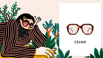 CELINE bold character concept digital art emotion eyewear fashion flat foliage fun hand drawn humor illustration luxury pink stripes visbii woman yellow