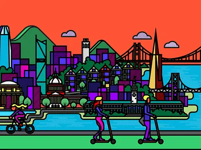 Spin - San Francisco bay city city hall cityscape coast coit tower ferry building golden gate bridge illustration illustrator cc micromobility painted ladies san francisco scooter skyscraper spin vector vector art vector illustration