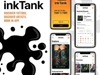 inkTank Tattoo App UI/UX Design bright ui colorful ui orange black ui tattoo tattoo app ui design ui ux ui ux design ux design visual design