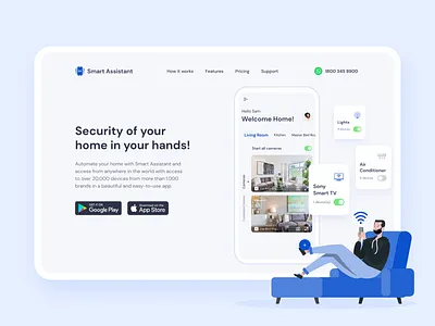 Smart Assistant - Landing page android app download app landing page cctv hero section home appliances homepage ios landingpage mobile app monitoring dashboard security app smart assistant smart home smartapp smarthome smartphone technology ui ui design
