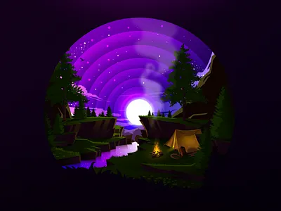 Good Night adventure bonfire coast experience fire forest halt hike illustration landscape nature night proart prokopenko rest river tent tour tourism travel