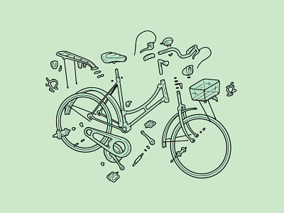 Exploded cruiser bike bicycle bicycles bike bike culture bike love cycling digital art digital drawing digital illustration illustration illustrator line art mint green pastel color poster procreate technical technical drawing vectorial wall art