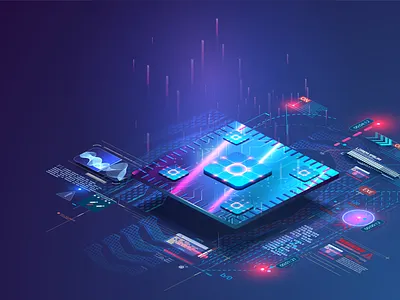 Microchip processor with lights effect. Cybernetic system CPU abstract ai architecture artificial chip cloud component computer concept cpu data digital isometric microchip processor semiconductor tech technology