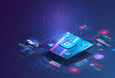 Microchip processor with lights effect. Cybernetic system CPU abstract ai architecture artificial chip cloud component computer concept cpu data digital isometric microchip processor semiconductor tech technology