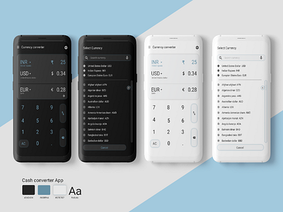 Cash Converter Dark & Light UI android design app cash converter currency currency converter currency exchange dailyui dribbble finance material ui minimal minimalism minimalistic monty uix shot ui uiux