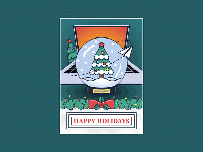 Happy Holidays Postcard christmas christmas tree computer green pixel holidays illustration laptop lights paper plane postcard snow snowball vector