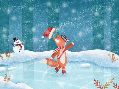 Ice Skating Time character design cute fox forest ice skating snow snowy day vector drawing winter illustration