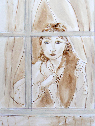 blueyes behind windows faces pen and ink wash drawing