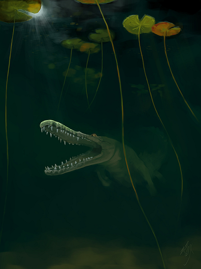 Bayou Alligator in Murky Water alligator bayou digital painting gator haze murky swamp