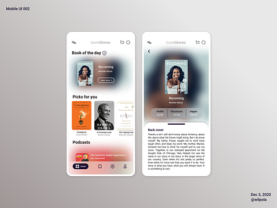 Mobile UI 002 - bookStorez. 2020 2020 design blur blur effect blurred book book store book store app experimental light bulb light ui light ui design market marketplace mobile mobile ui modern design podcast store store app