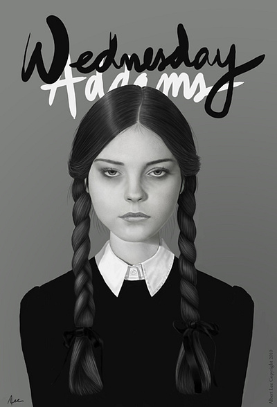 Wednesday Addams addams family blackandwhite characterdesign concept art digital painting monochromatic portrait tv show wednesday addams