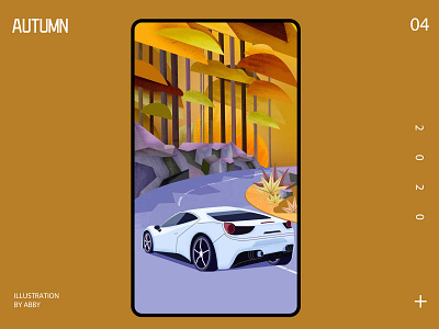 autumn illustration sports car tree woods