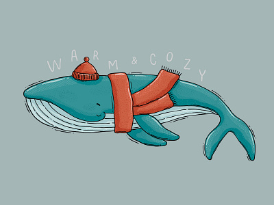 Warm & Cozy 2d art beanie blue whale cozy cute digital art drawing hip illustration letters mammal ocean scarf sea textured underwater warm whale winter