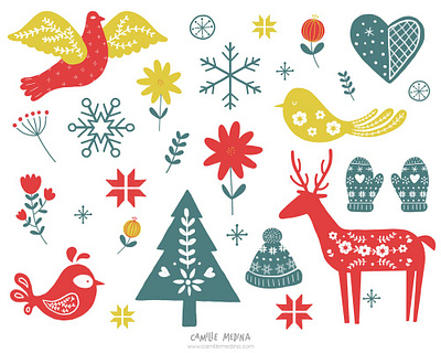 Christmas Folk Art Icons digital illustration festive icons festive illustration floral folk art icon design illustrated icons illustration reindeer snowflakes spot illustration sticker design winter winter holidays