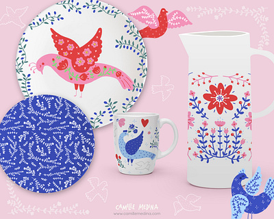 Folk Art Décor birds blue digital illustration dove florals flowers folk art folk art collection home décor icons illustrated icons illustration jug design mug design pink plants plate design product design product illustration red