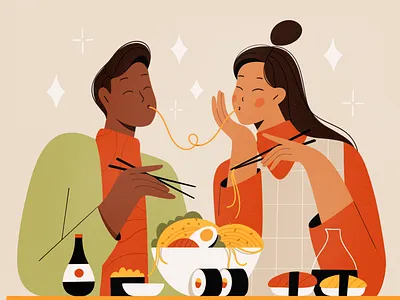 Good Food 2d cafe characters date flat food girl illustration love noodles people procreate ramen shape texture vector