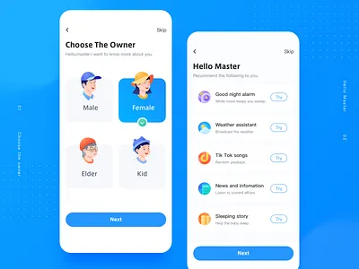 Smart Speaker APP Design alarm avatar blue book figure illustration news story tiktok weather