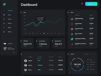 Agency Management Web appliation Dashboard (Dark Mode) agency clean clients dark dashboard management modern my team paltform ui web app