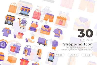 set of 30 Shopping and ecommerce icon design clock clotes color creative delivery truck ecommerce flat gift bag gift box groceries icon icon design modern price tag sale shopping shopping bag shopping cart store trolley