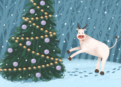 Symbol of the year 2021 adobe photoshop animal art bull character christmas christmas tree digital art digital illustration drawing forest happy illustration new year snow winter