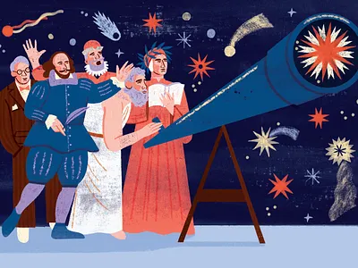 Conjunction astronomy character digital editorial folioart historical illustration olivia waller physics texture