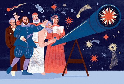 Conjunction astronomy character digital editorial folioart historical illustration olivia waller physics texture