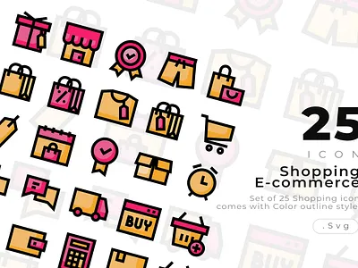 Set of 25 Shopping and ecommerce icon with Color Outline style cardboard clock color creative ecommerce gift box groceries icon icon design modern monoline outline sale sales shopping shopping bag shopping basket shopping cart trolley verified