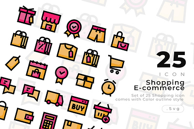 Set of 25 Shopping and ecommerce icon with Color Outline style cardboard clock color creative ecommerce gift box groceries icon icon design modern monoline outline sale sales shopping shopping bag shopping basket shopping cart trolley verified