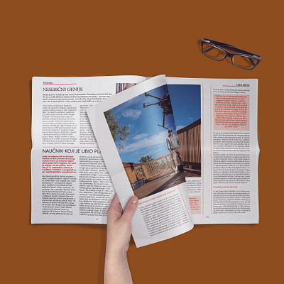 Magazine_some pages articles bold design glasses hand image layout lines magazine magazine design orange page design page layout pages reading text titles