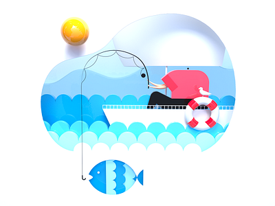 Fishing 3d 3d art 3d illustration bird boat c4d cinema 4d design fish fishing fishing rod graphic design icon icon design illustration lifebuoy sail sea