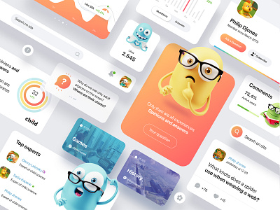 Social Platform components answers bubble children components concept design desktop kawaii kids monster network platform popular question qwiz social ui uidesign ux website