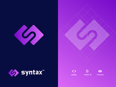 syntax logo lesign ( coding + connect + letter 's' ) app arrow brackets brand design branding code coding connect design development gradient icon infinity logo logo design s coding logo s connect logo s logo syntax logo web