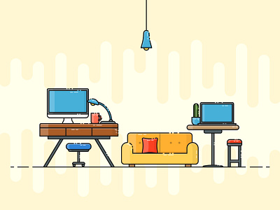 Working Space cactus chair desk imac interior interior design laptop living room outline outlines sofa workplace