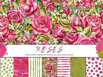 Seamless pattern with roses, mistletoe berries. Watercolor design illustration акварель букет бутон клипарт набор омела розы свадьба узор цветочный цветы цифровая бумага цифровая живопись ягоды