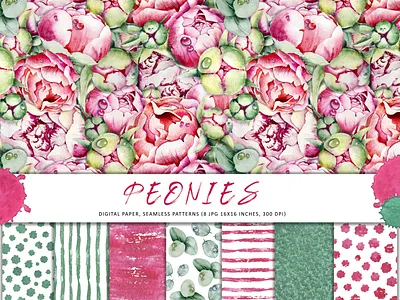 Seamless pattern with peonies and eucalyptus. Watercolor design акварель акварельная иллюстрация бесшовный узор букет бумага бутоны набор открытка пионы роса цветы цифровая бумага эвкалипт