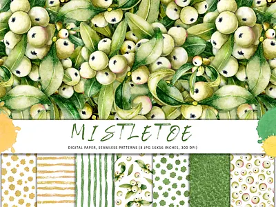 Seamless pattern, mistletoe berries and leaves. Watercolor design illustration акварель букет графика клипарт листья набор омела открытка свадьба снежная ягода узор ягода