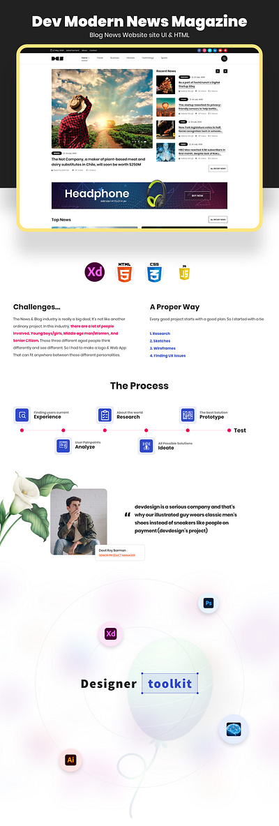 Dev Modern News Magazine Blog Website UI Template blog bracking news design dev devdesign devil game news health news journal magazine news online magazine online newspaper social news studio tech news template theme ui ux