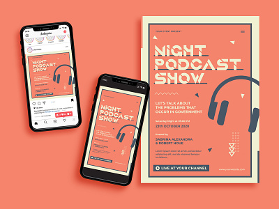 Podcast Show Flyer ads announcer concert event festival flyer flyer template instagram instagram post instagram story live modern podcast poster radio retro seminar streaming talkshow webinar flyer