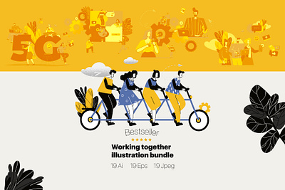 Working together illustrations (flat) adobe illustrator cartoon character creative flat gears illustration line art style teamwork trendy vector