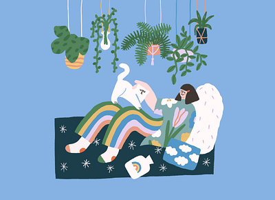 Home cats character chill colourful flowers happyday home illustration woman illustration