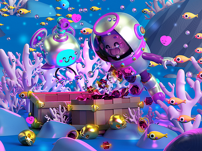 Under the sea 🐠🐟 buzo diamantes diamonds mar océan peces pez robot tesoro treasure