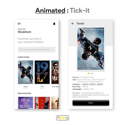 Tick-it : Modern Ticket Booking Application app appointment booking branding clean design film latest minimal mobile movie nolan simple tenet theater ticket time trend ux watch