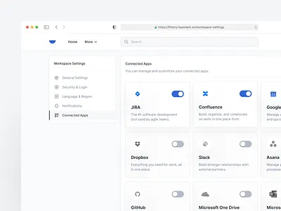 Haystack - Connected Apps Settings apps clean cms collaboration crm software dashboard design desktop employee communication hrm install integrations minimal platform plug ins saas service settings ui ux